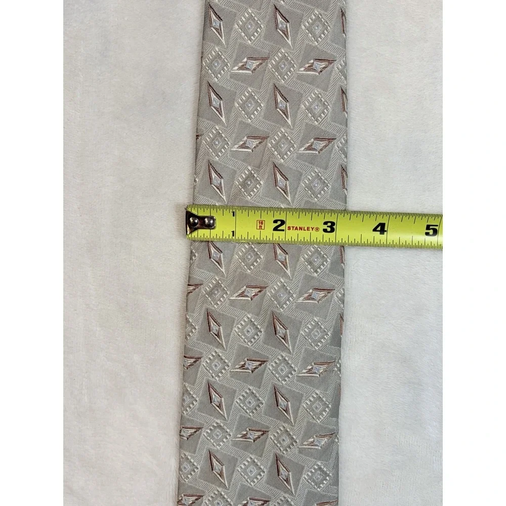 Ermenegildo Zegna Men's Geometric Beige Brown White 100% Silk Satin Tie‎